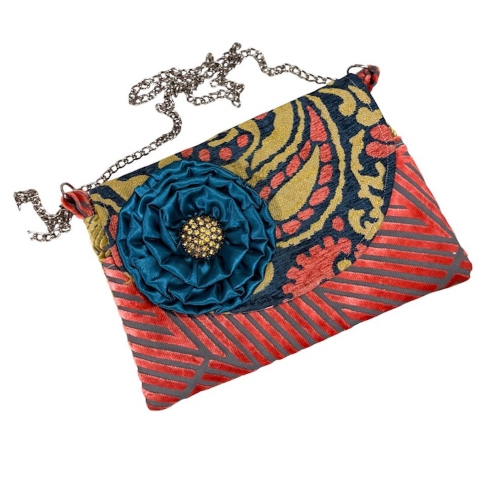 Lola Blue Crossbody Bag Multicolor Velvet Paisley Rhinestone Rosette